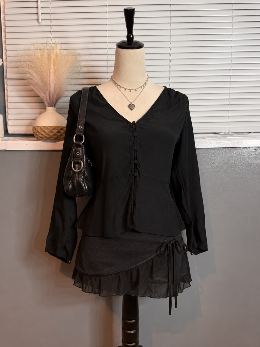 A New Day Black Button Front Peplum Blouse Long Sleeve Size S